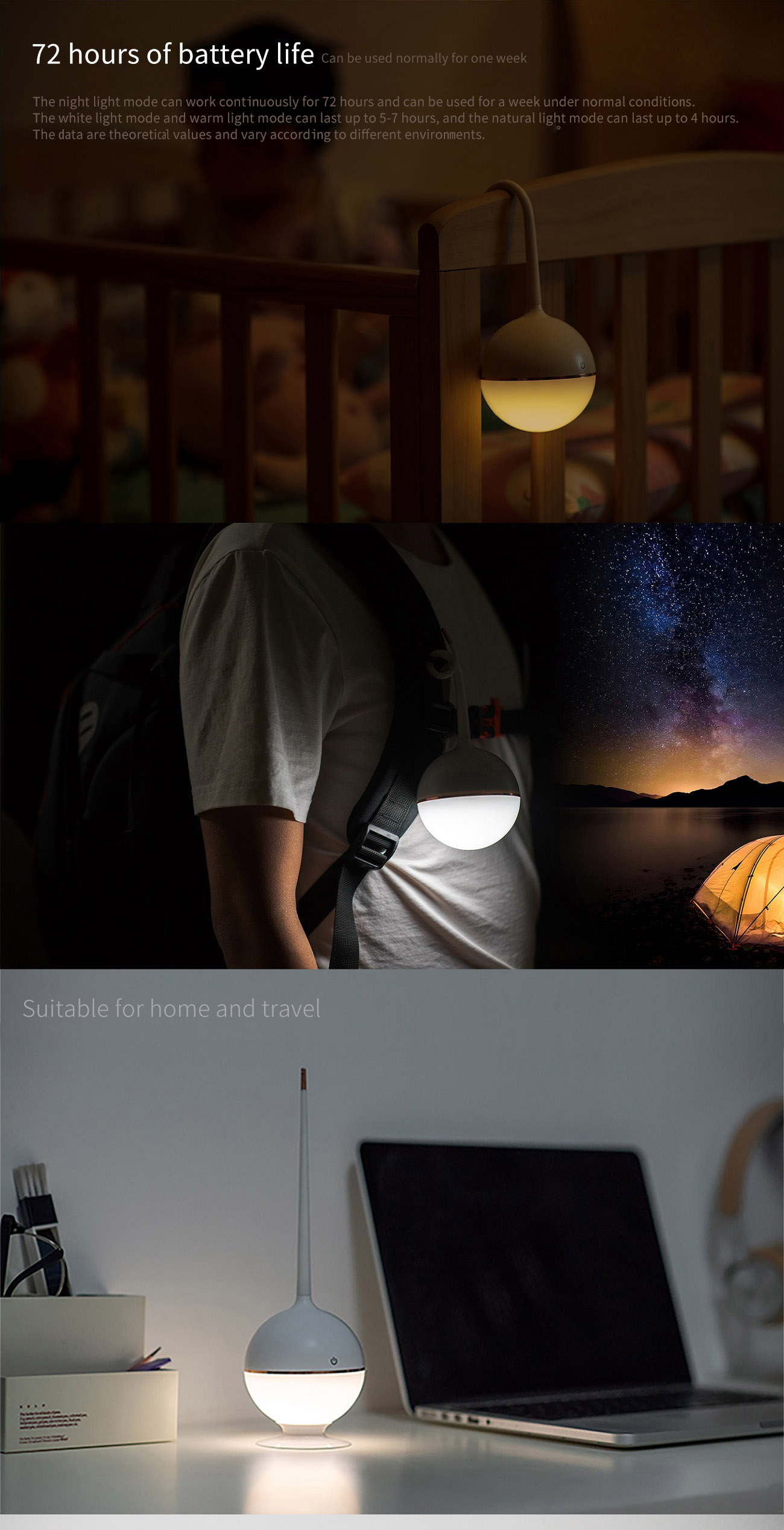 D012 - LAIKEN Little White Portable Lamp - Essential for Home and Travel, 72 Hours Battery Life (6)